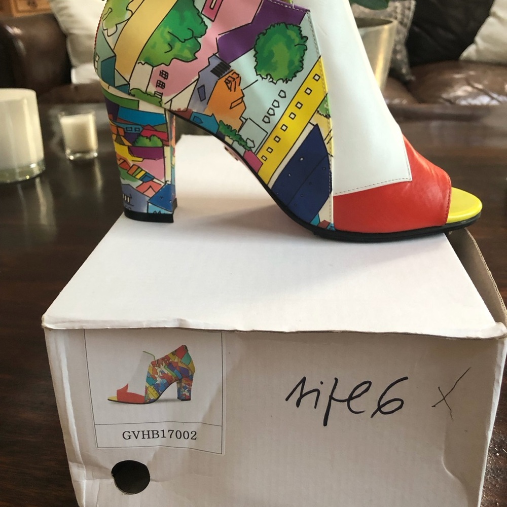 Multicolor Peep-Toe Block Heel Bootie - White, Red, Yellow & Multi Print Grape V